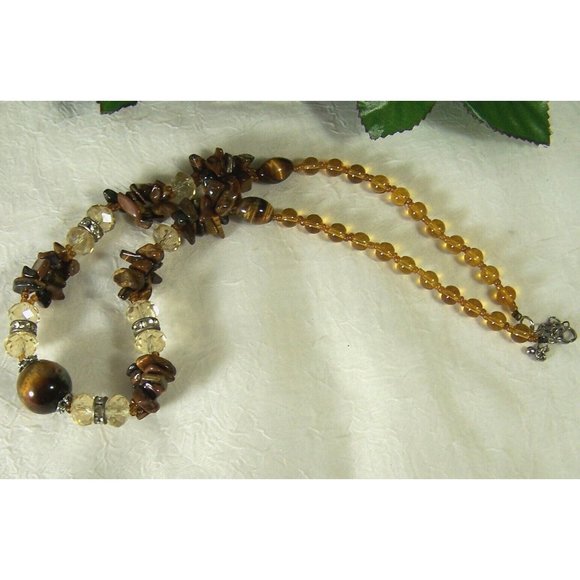 Tiger's Eye Stone Necklace Sphere Focal Two-strand Chips Rhinestone Rondelles - Picture 1 of 8